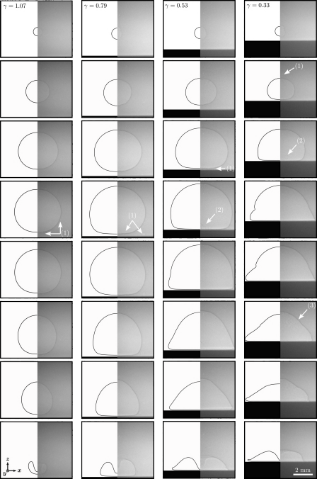 Enlarged view: X-ray image sequences of the growth and collapse of a cavitation bubble for different stand-off parameters.